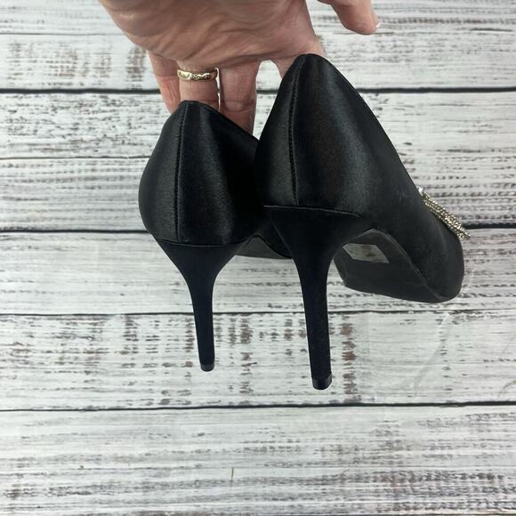 Yetier Heels Pumps Shoes size 10 Black Satin Faux Diamond Bow Cocktail Evening - Picture 9 of 12